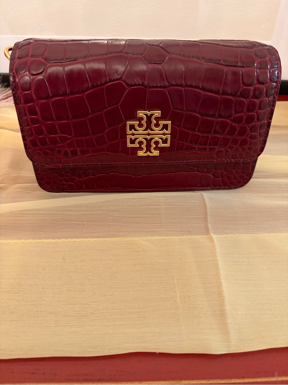 Tory Burch- Claret color, Britten Croc Convertible Crossbody. NWT.